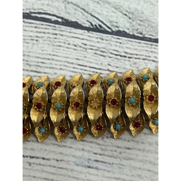 Vintage French Gold Plated Bracelet Turquoise Beads & Garnet Foldover Clasp - Picture 7 of 10